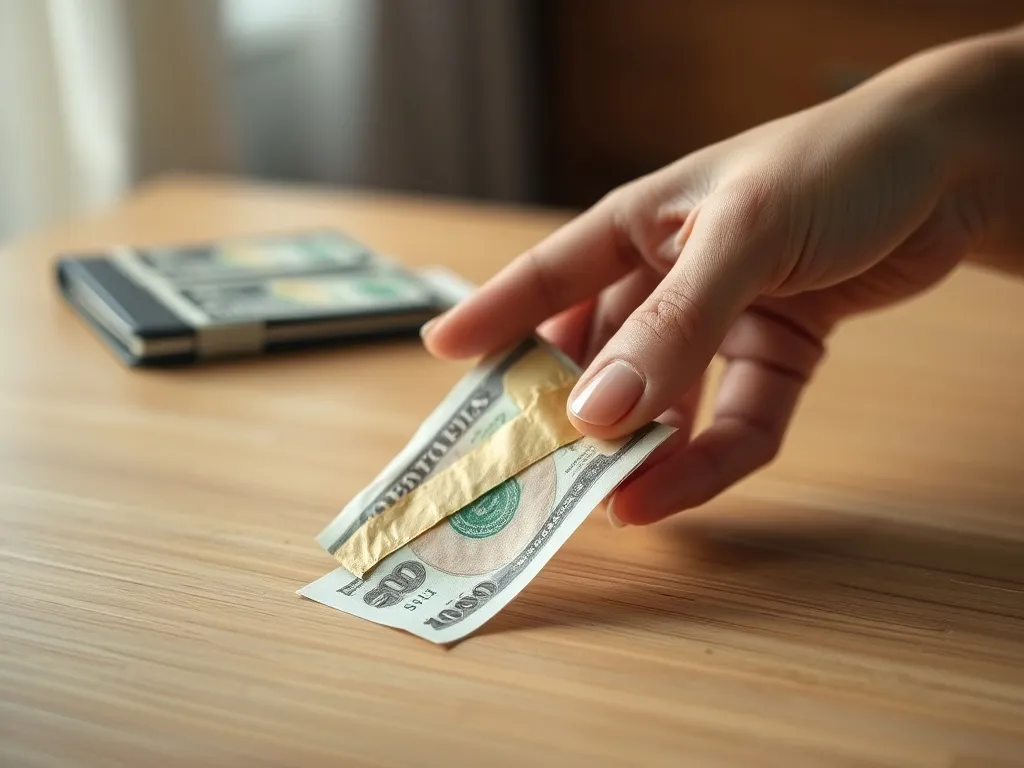 Dłoń trzyma sklejony taśmą banknot na stole, w tle rozmazane inne banknoty i portfel, domowe otoczenie.