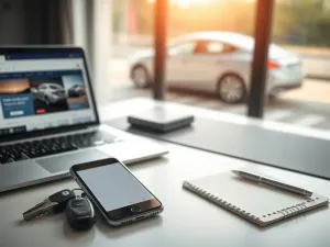 Laptop z uruchomioną wyceną auta, telefon z wykresem ceny, obok kluczyki i notatnik – przygotowanie do sprawdzenia wartości samochodu.