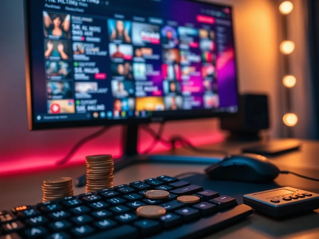 Nowoczesne biurko gamingowe z biblioteką gier na monitorze, obok klawiatury monety i kalkulator symbolizujące wartość konta Steam