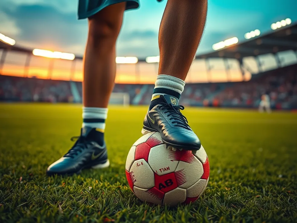 Młody piłkarz w modnych korkach opiera stopę na piłce, widać luksusowy zegarek, w tle stadion w świetle zachodu słońca.