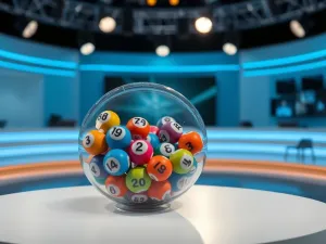 Przezroczysty bęben z kolorowymi kulami Lotto w nowoczesnym studio, podkreślający losowy charakter głównej wygranej