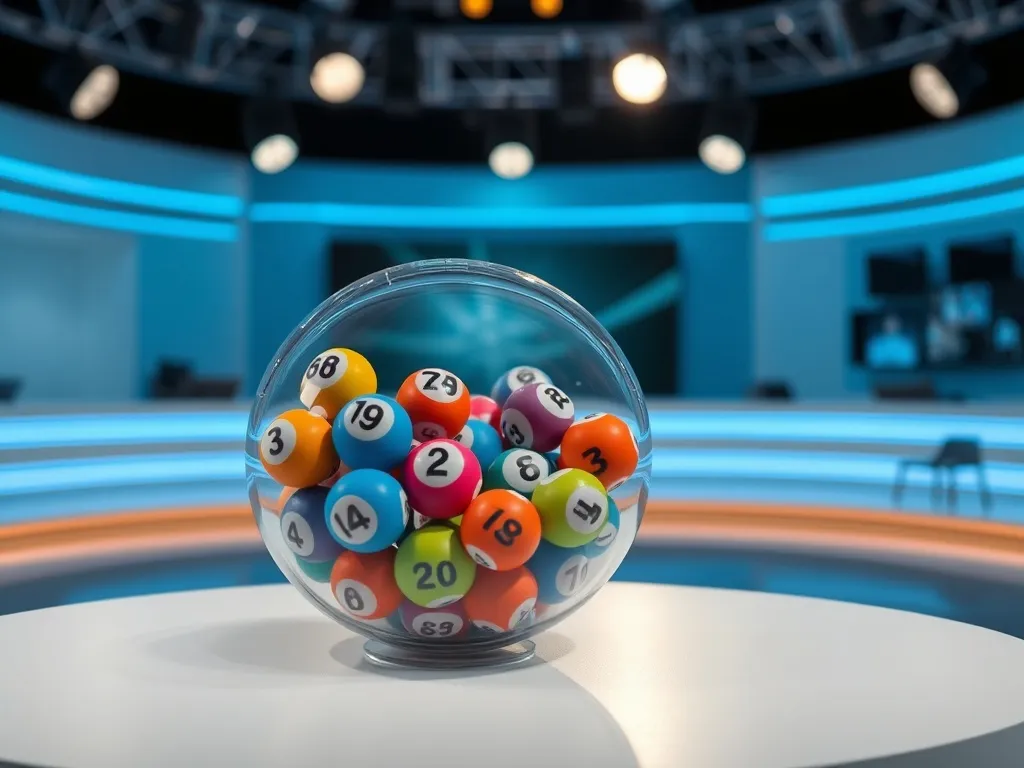Przezroczysty bęben z kolorowymi kulami Lotto w nowoczesnym studio, podkreślający losowy charakter głównej wygranej