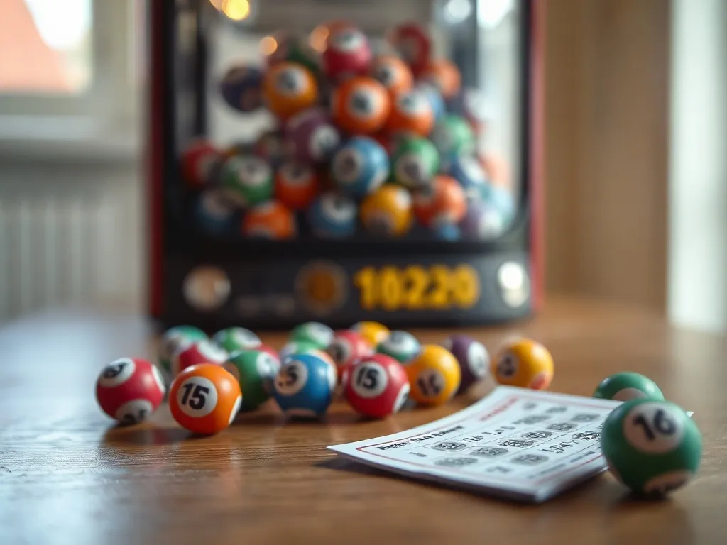 Kupon Lotto i kolorowe kule z numerami na stole, w tle maszyna losująca, symbolizujące przypadkowość i częstotliwość liczb.