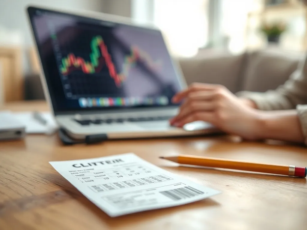 Losowy kupon lotto na stole i osoba przy laptopie z kolorowymi wykresami, symbolizujące próby przewidywania wyników lotto.