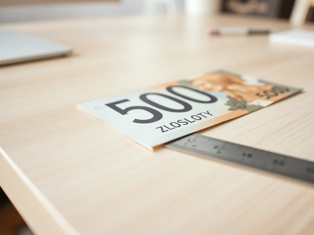 Banknot 500 zł leżący przy metalowej linijce w milimetrach, pokazujący przybliżoną grubość banknotu na tle biurka