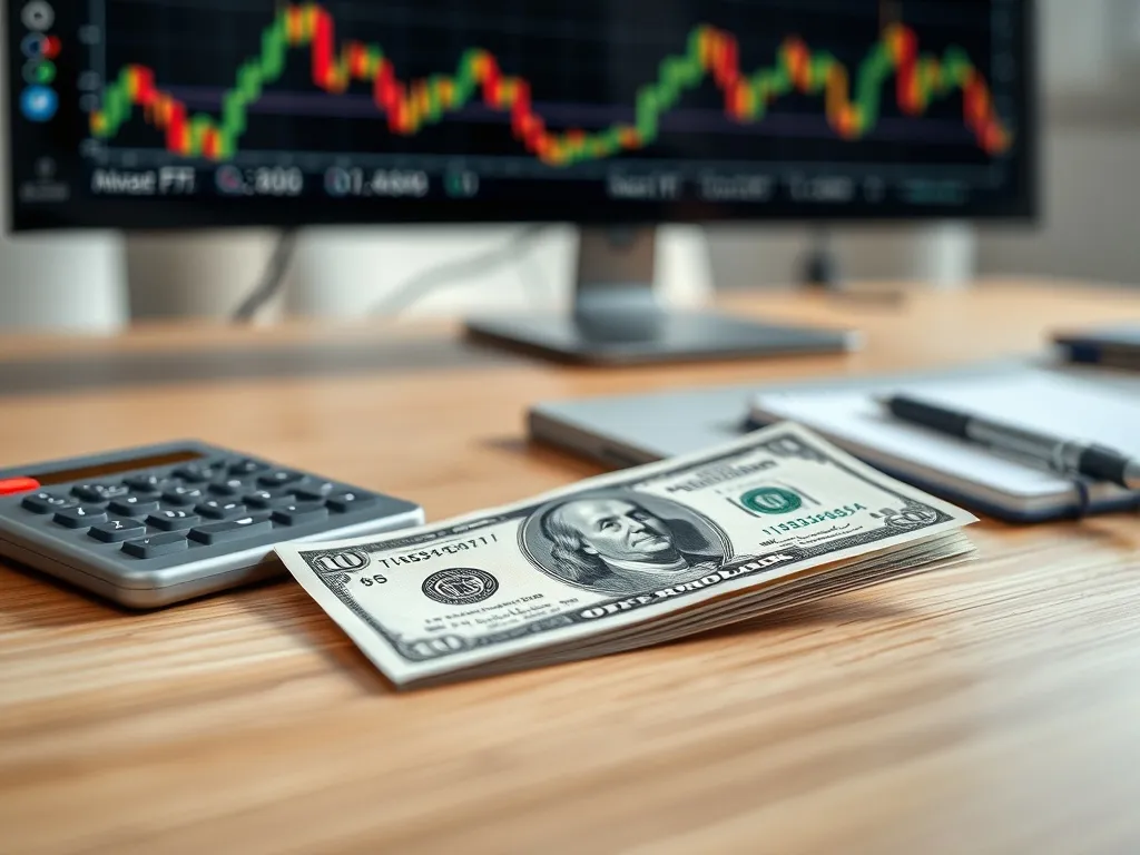 Banknot 1 dolara obok kalkulatora i notatnika na biurku, w tle wykres kursów walut na ekranie komputera