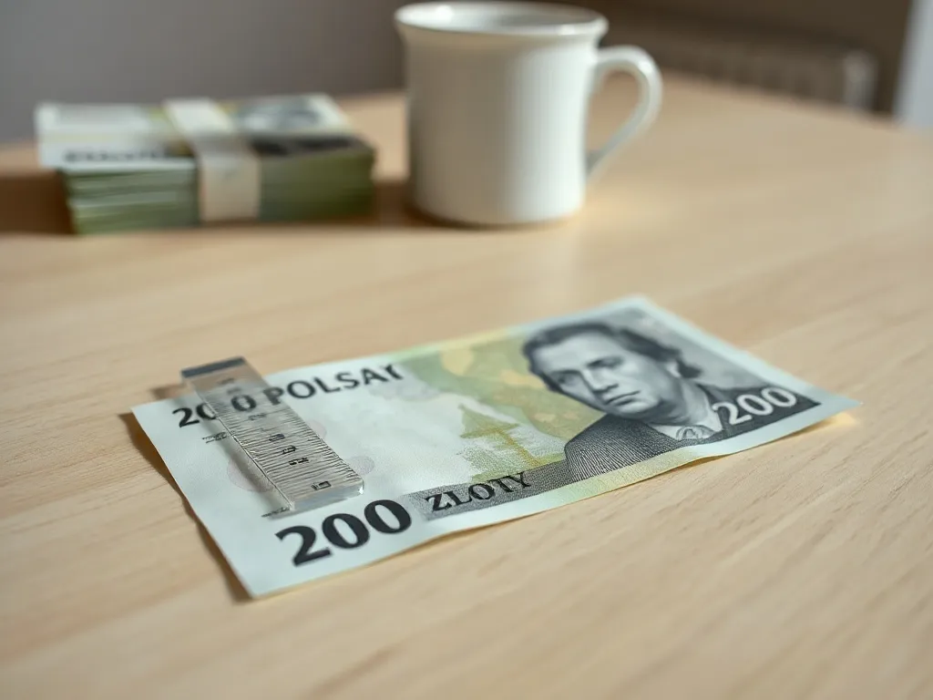 Pojedynczy banknot 200 zł obok linijki na jasnym stole, w tle stos banknotów – ilustracja tematu grubości banknotu.