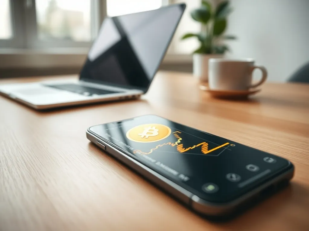 Smartfon z wykresem ceny bitcoina na biurku, w tle rozmyty laptop, kawa i roślina w nowoczesnym, jasnym wnętrzu.