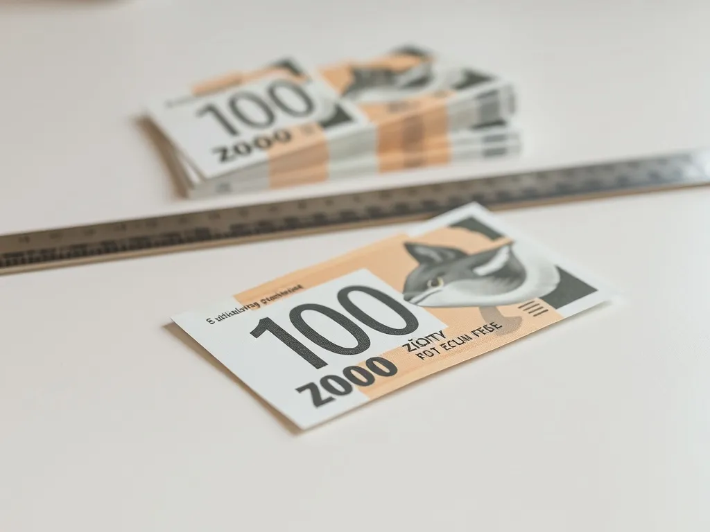Pojedynczy banknot 100 zł na biurku obok linijki i stosu banknotów, podkreślający jego grubość i strukturę.