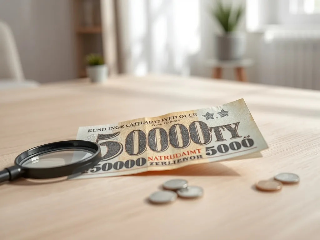 Stary banknot 5000 zł na stole z lupą i monetami, symbolizujący sprawdzanie jego aktualnej wartości kolekcjonerskiej.