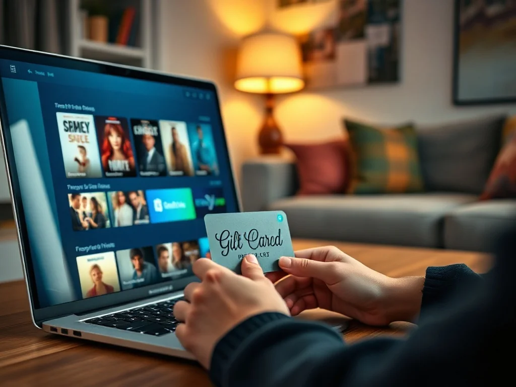 Osoba trzyma kartę prepaid przed laptopem z serwisem VOD, w tle przytulny salon sprzyjający domowemu oglądaniu filmów.