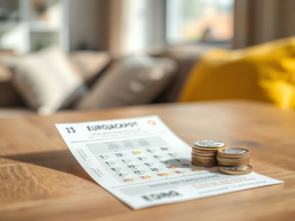Kupon Eurojackpot z monetami euro na stole, ilustrujący koszt zakupu kuponu w loterii liczbowej.