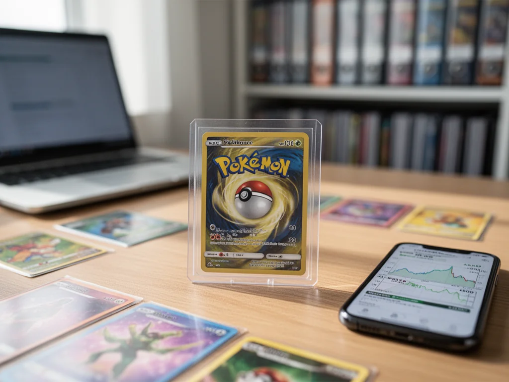 Pojedyncza karta Pokemon w protektorze obok smartfona z wykresem ceny, na biurku z akcesoriami do kolekcjonowania.