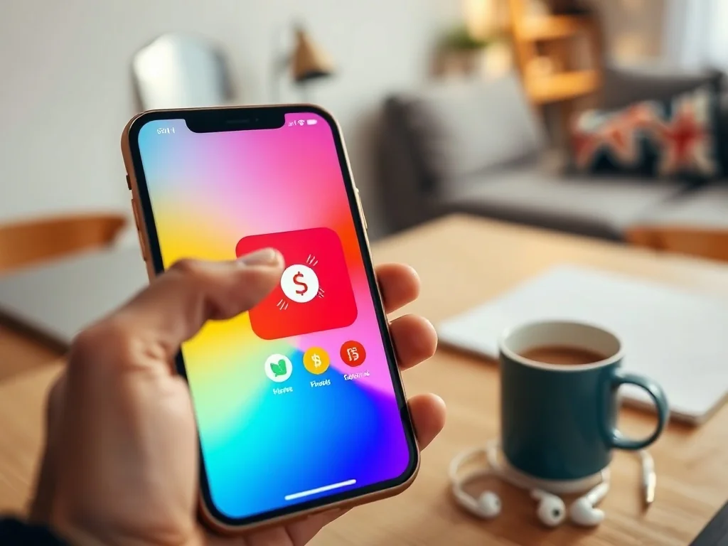 Smartfon z aplikacją TikTok i ikonami monet na ekranie, leżący na biurku, symbolizuje tanie kupowanie coinów TikTok