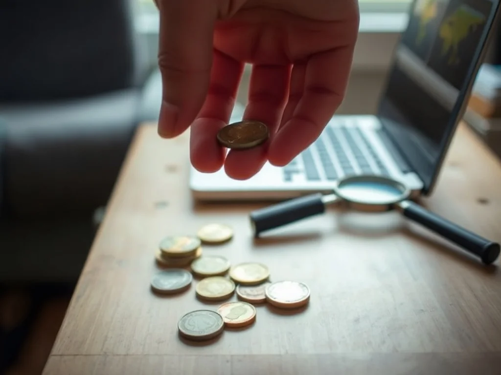 Dłoń trzymająca stare monety nad stołem, w tle laptop i lupa sugerujące wycenę i sprzedaż numizmatów online