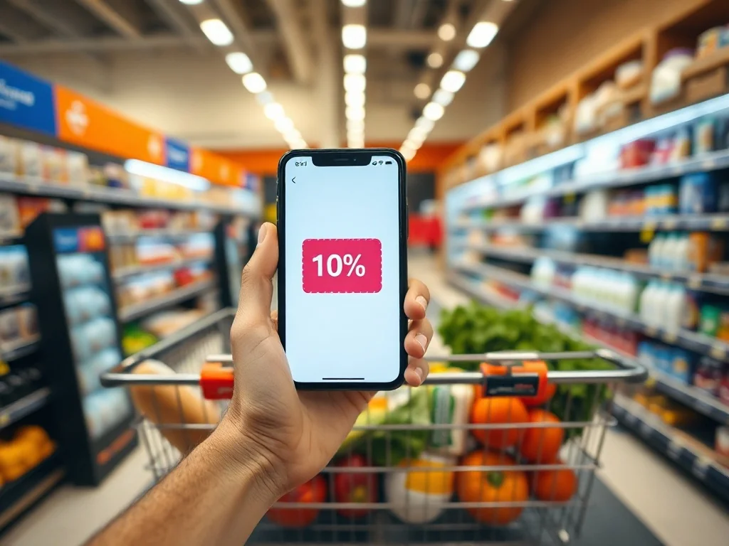 Telefon z kolorową ikoną kuponu rabatowego przy kasie Lidla obok koszyka z podstawowymi zakupami spożywczymi.